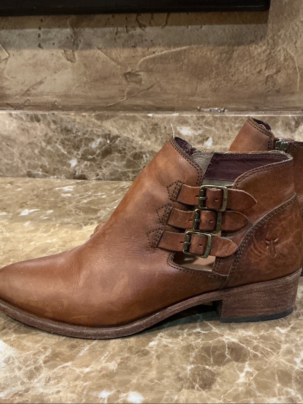 Frye Brown Leather Ankle Booties with Triple Buckles